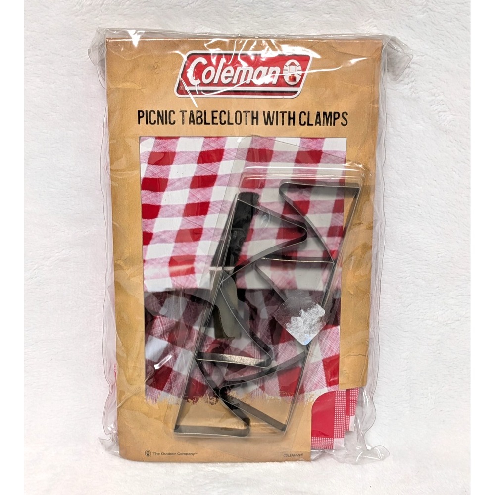 VTG Coleman Vinyl Picnic Tablecloth 52x70 with 6 Steel Clamps Red Checkered NEW